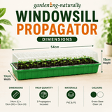 Gardening naturally Windowsill Propagator with dimensions and features on a light background