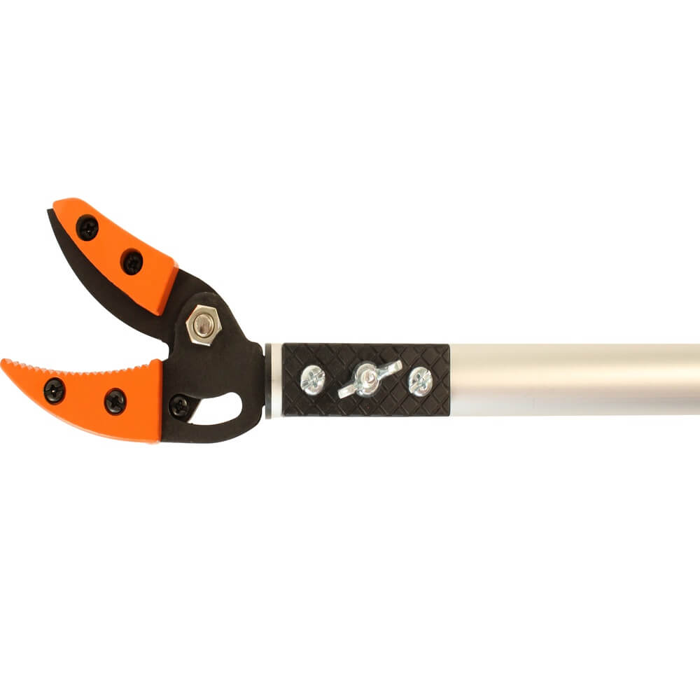 Garden pruner with orange and black handles on a white background
