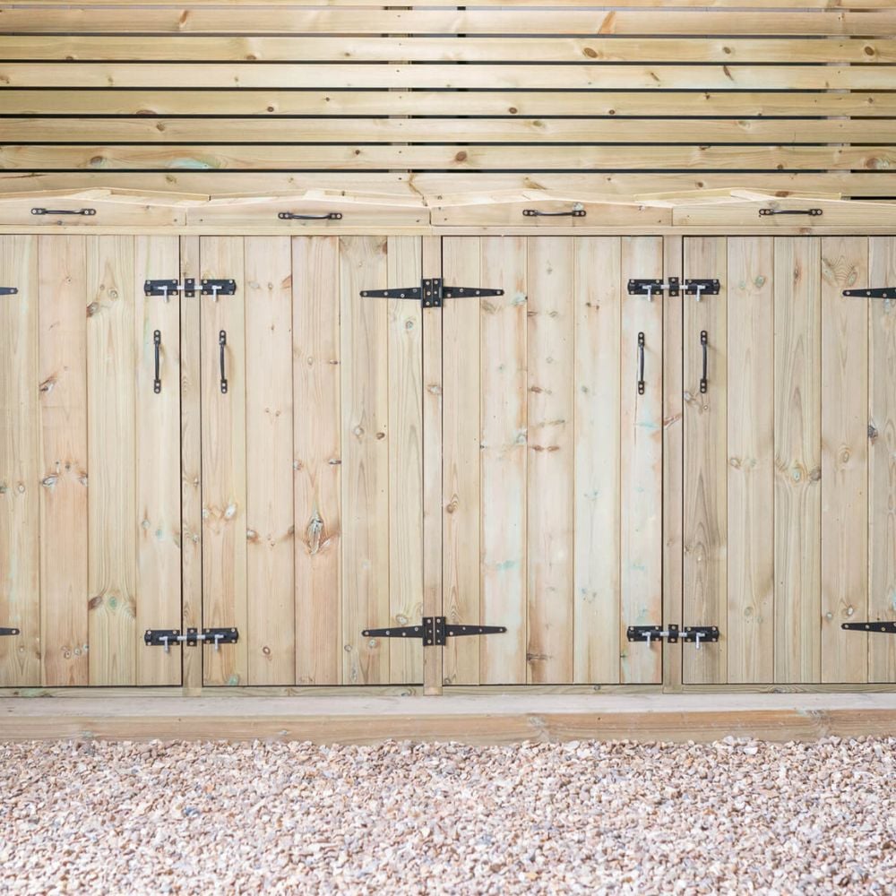 quadruple compartment wheelie storage with black metal bolt locks and hinges