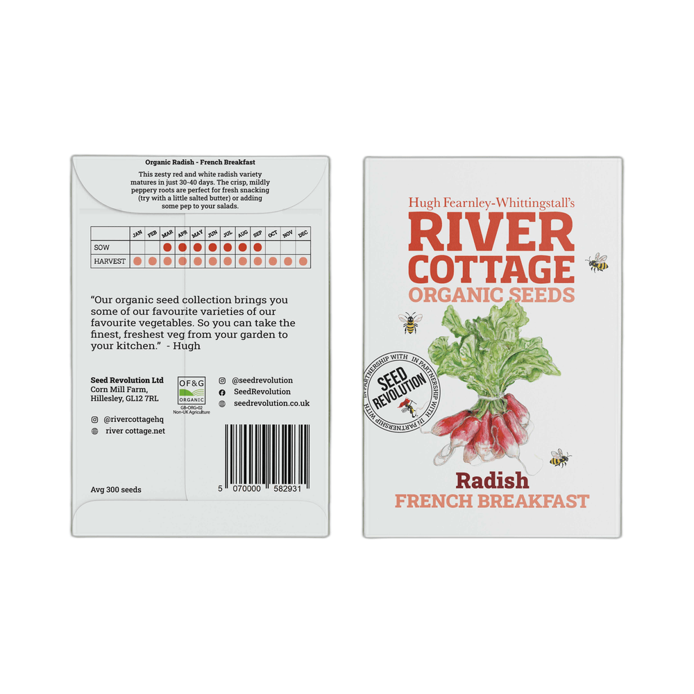 River Cottage Organic Seeds packaging for Radish French Breakfast on a white background