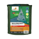 A green tarpaulin used as outdoor protection cover with labels indicating it is 100% waterproof, frostproof, and UV resistant.