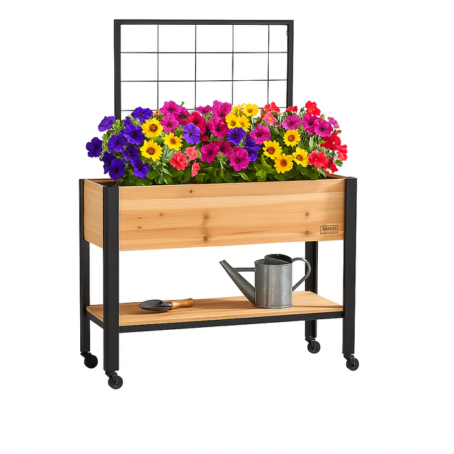 Wooden planter with colorful flowers, black metal frame, and a watering can on a white background