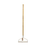 Metal garden rake with wooden handle on a white background