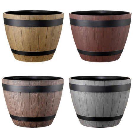Four wooden planters with black bands on a white background