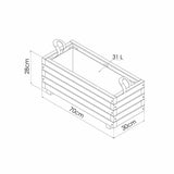 Dimensions of a rectangular wooden planter with handles on a white background
