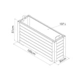 Dimensions of a rectangular wooden planter box on a white background