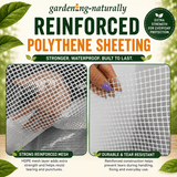 Reinforced polythene sheeting with text highlighting features on a natural background