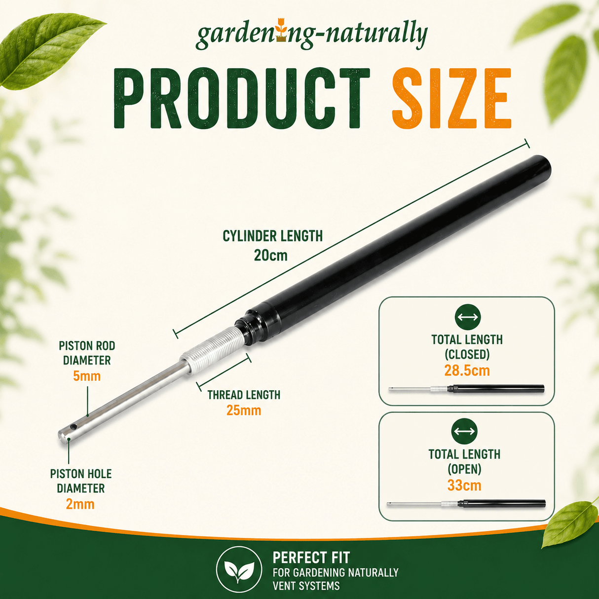 Gardening Naturally product size measurement chart with a black cylindrical component.