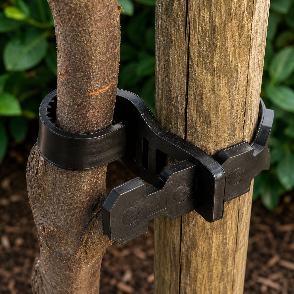 A black rubber tree tie designed to hold trees to supporting stakes, shown around a tree trunk.