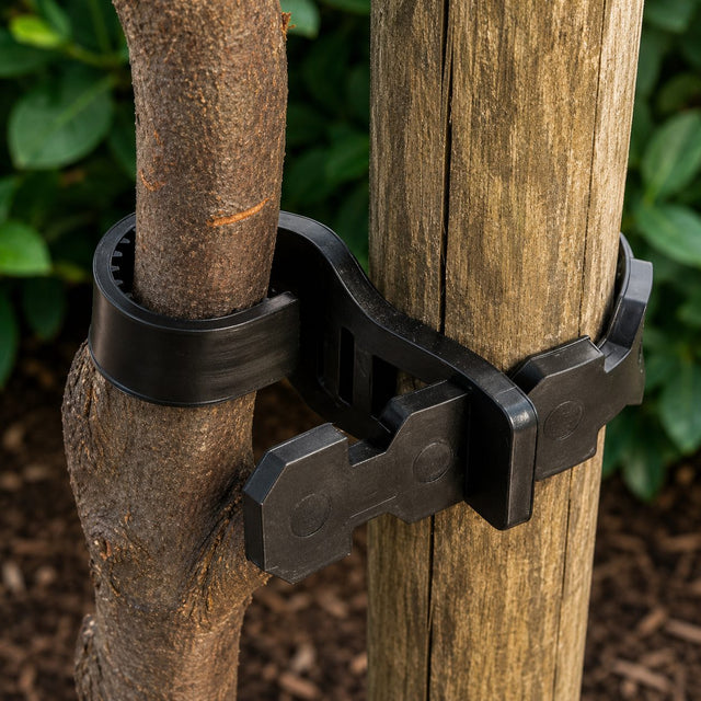 A black rubber tree tie designed to hold trees to supporting stakes, shown around a tree trunk.