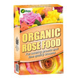 Packaging of Organic Rose Food with vibrant images of roses on the front, indicating it is a fertilizer for healthy growth and fine quality blooms.