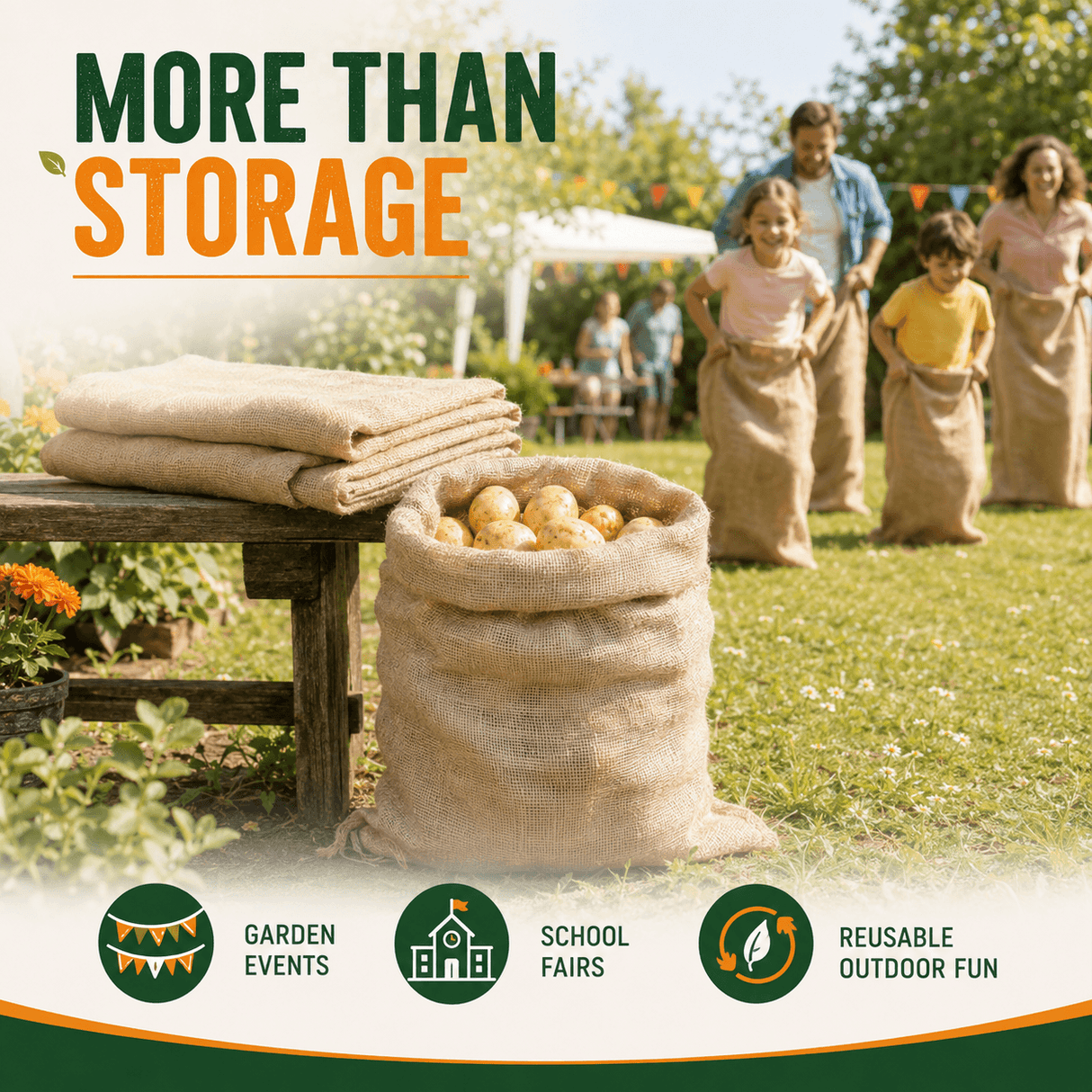 Outdoor promotional scene for burlap storage bags. In the foreground, a large tan burlap sack filled with potatoes sits on a wooden bench beside folded burlap cloths.