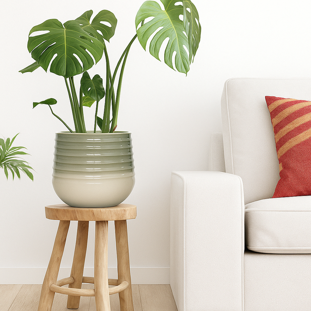 sage plant pot on stool by sofa