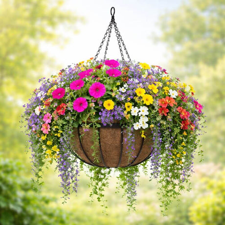 Colorful hanging flower basket with a variety of flowers against a blurred green background