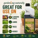 Seaweed extract bottle with gardening-themed text and icons on a natural background