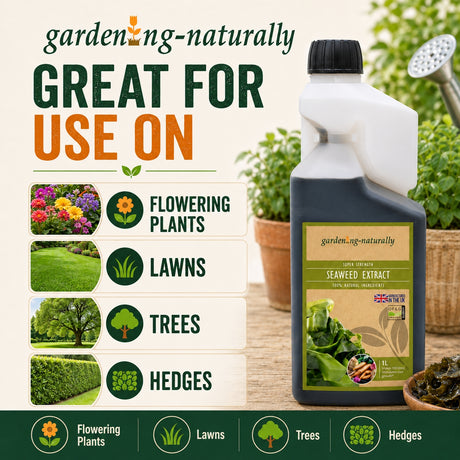 Seaweed extract bottle with gardening-themed text and icons on a natural background