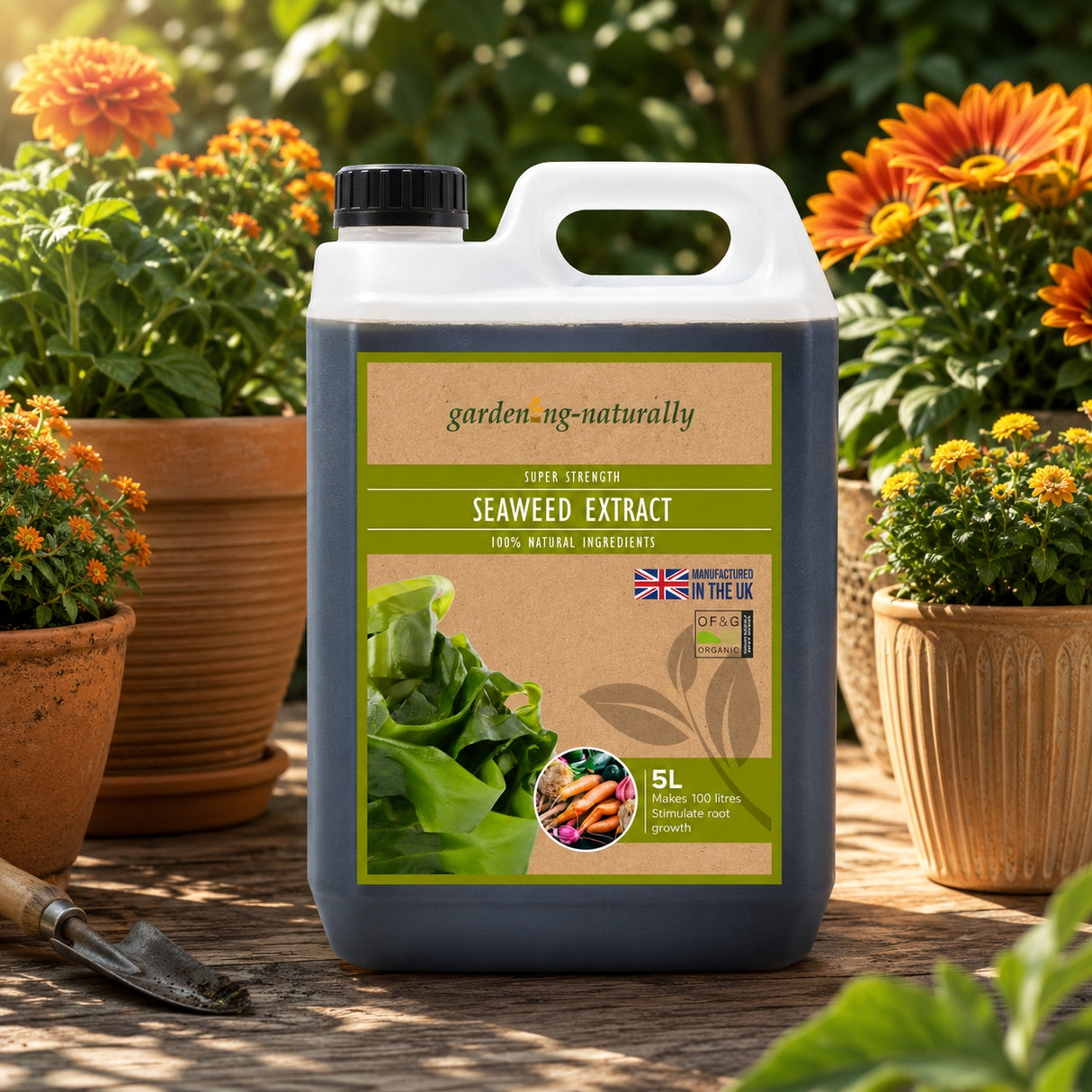 Seaweed extract bottle labeled 'garden.ng.naturally' with potted plants in the background