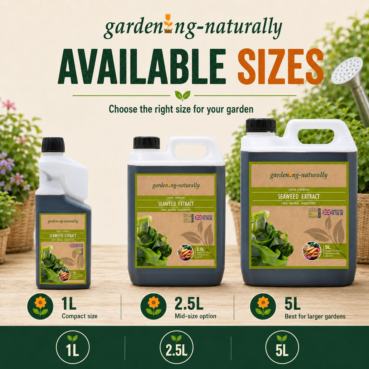 Gardening Naturally seaweed extract products with available sizes on a wooden surface.