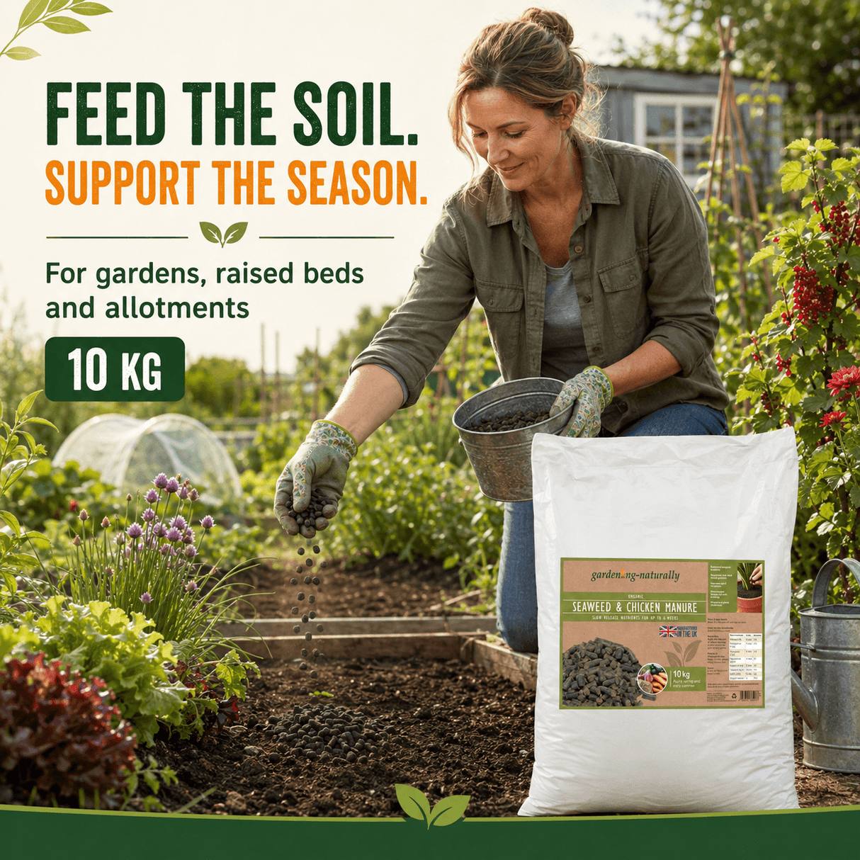 A woman in a garden wearing gardening gloves and a utility jacket is shown feeding soil with a metal scoop next to a large white bag of Garden Go Natural 'Hamiled & Chook Panicle' 10 kg garden fertilizer. The image includes promotional text on the left side.