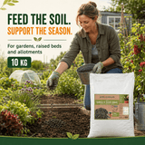 A woman in a garden wearing gardening gloves and a utility jacket is shown feeding soil with a metal scoop next to a large white bag of Garden Go Natural 'Hamiled & Chook Panicle' 10 kg garden fertilizer. The image includes promotional text on the left side.