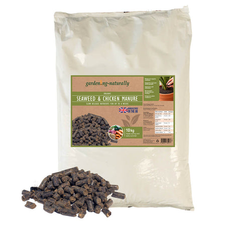 Bag of garden naturally seaweed and chicken manure with a label on a white background