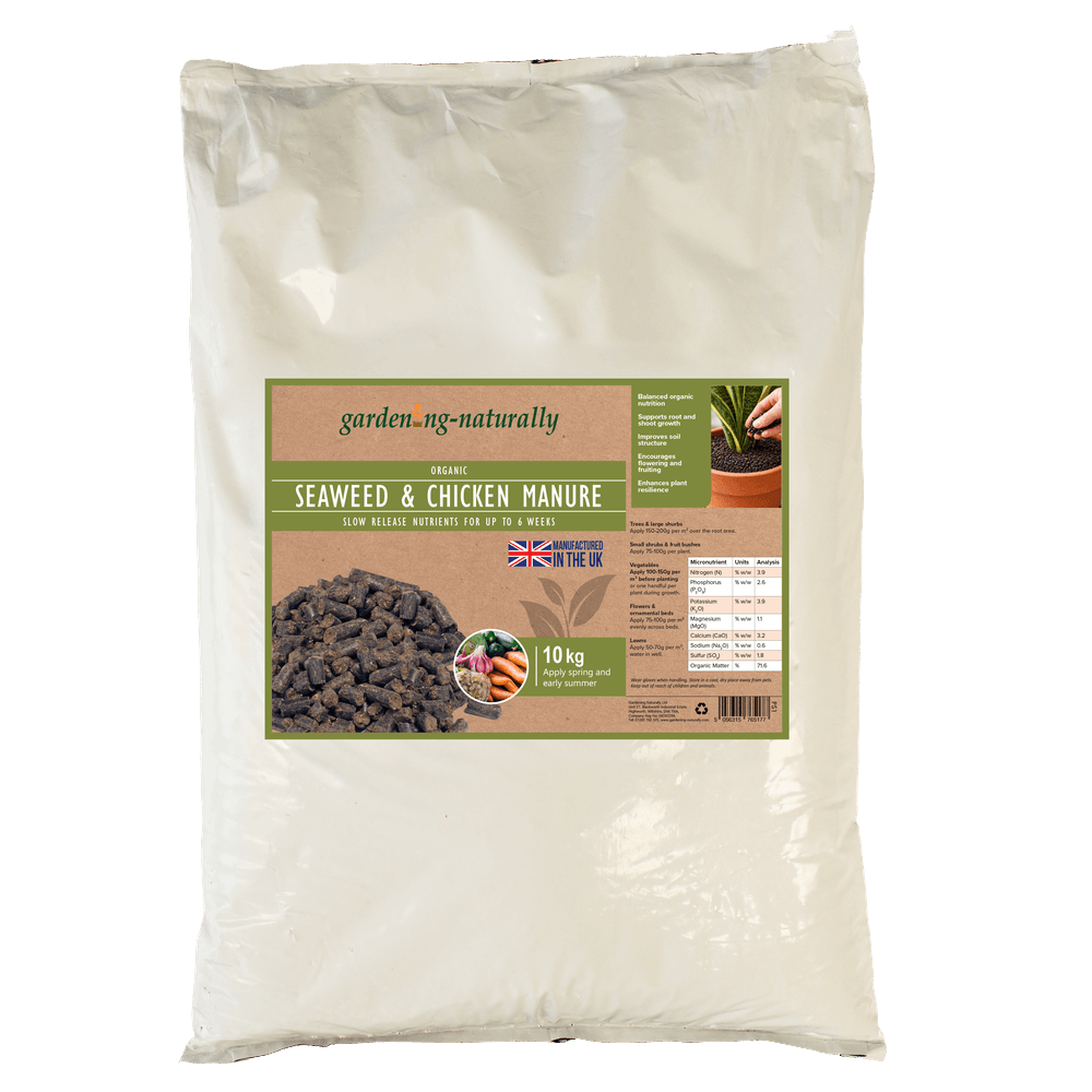 Bag of garden seaweed and chicken manure with a label on a white background