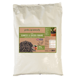 Bag of garden seaweed and chicken manure with a label on a white background