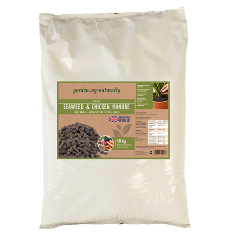 Bag of garden seaweed and chicken manure with a label on a white background