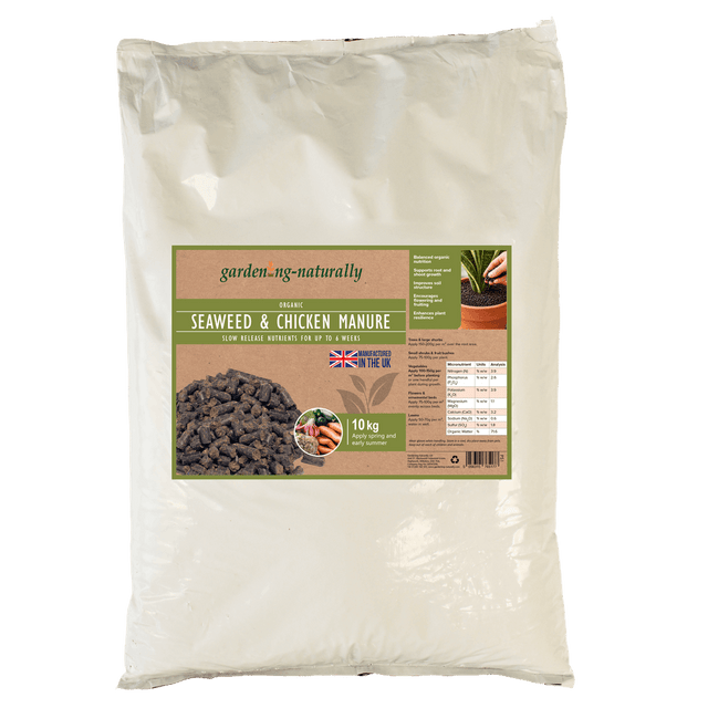 Bag of garden seaweed and chicken manure with a label on a white background