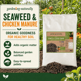 A white bag of garden-naturally Seaweed & Chicken Manure stands on soil with a small pile of dark pellet manure in front, set in a garden with flowers and greenery. A large product info panel on the left lists benefits such as adding organic matter, balanced garden nutrition, and easy-to-spread pellets.