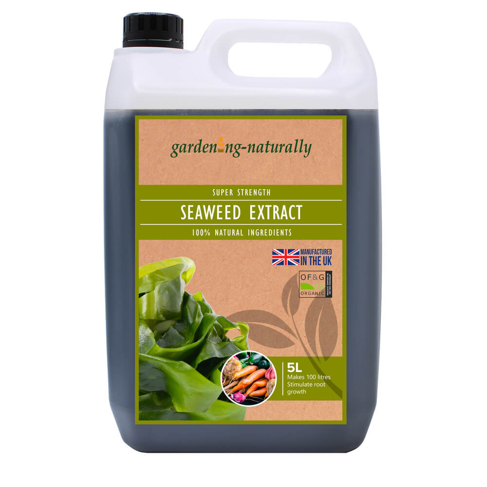 Gardening Naturally Seaweed extract container with label on a white background