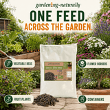 A white bag of gardening naturally 'One Feed. Across the Garden.