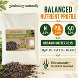 A 10 kg bag of gardenng-naturally Seaweed & Chicken Manure alongside a pile of dark brown liquid manure pellets on a white background, featuring a green and orange infographic detailing the balanced nutrient profile.