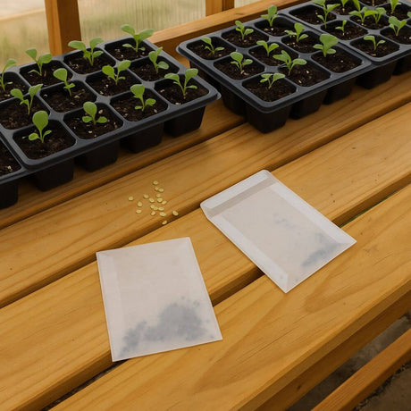 Seedling trays with young plants on a wooden surface, accompanied by seed packets.