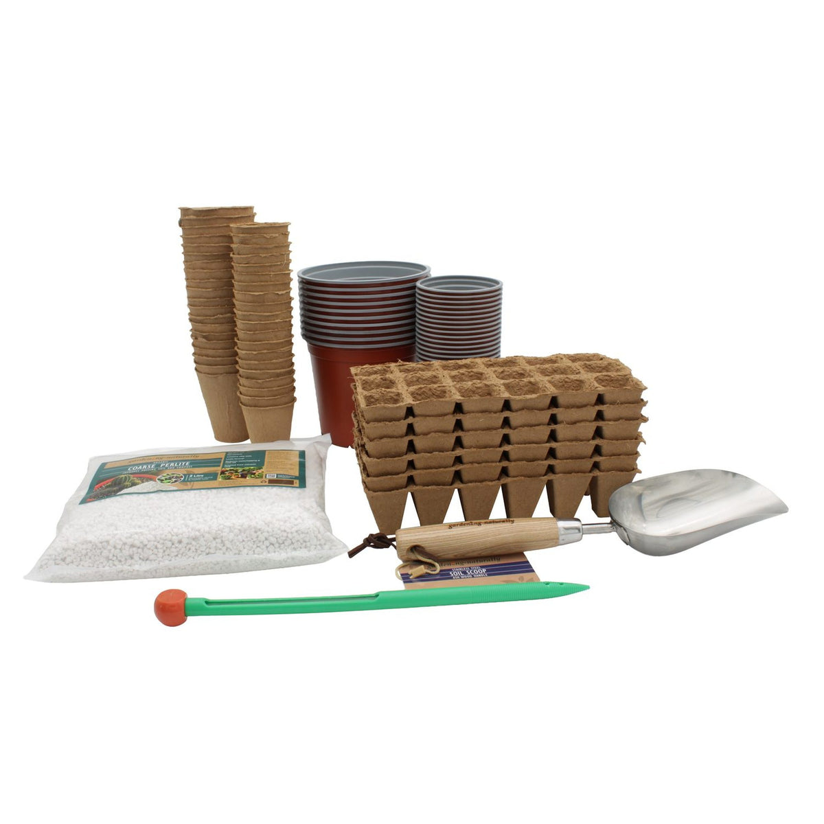 A seed-starting and gardening kit arranged on a white background, including stacked paper cone planters, stacked nursery pots, a tray of seed-starting cones, a bag of perlite, a small green-handled tool with an orange end, and a metal trowel.
