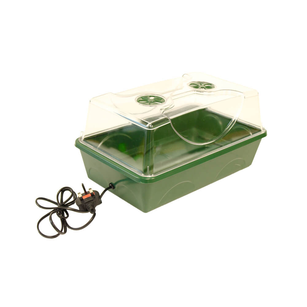 Green Electric Propagator with plug on a white background and air vents in clear lid