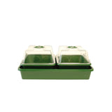 Green plastic propagator with two compartments and clear lids on a white background