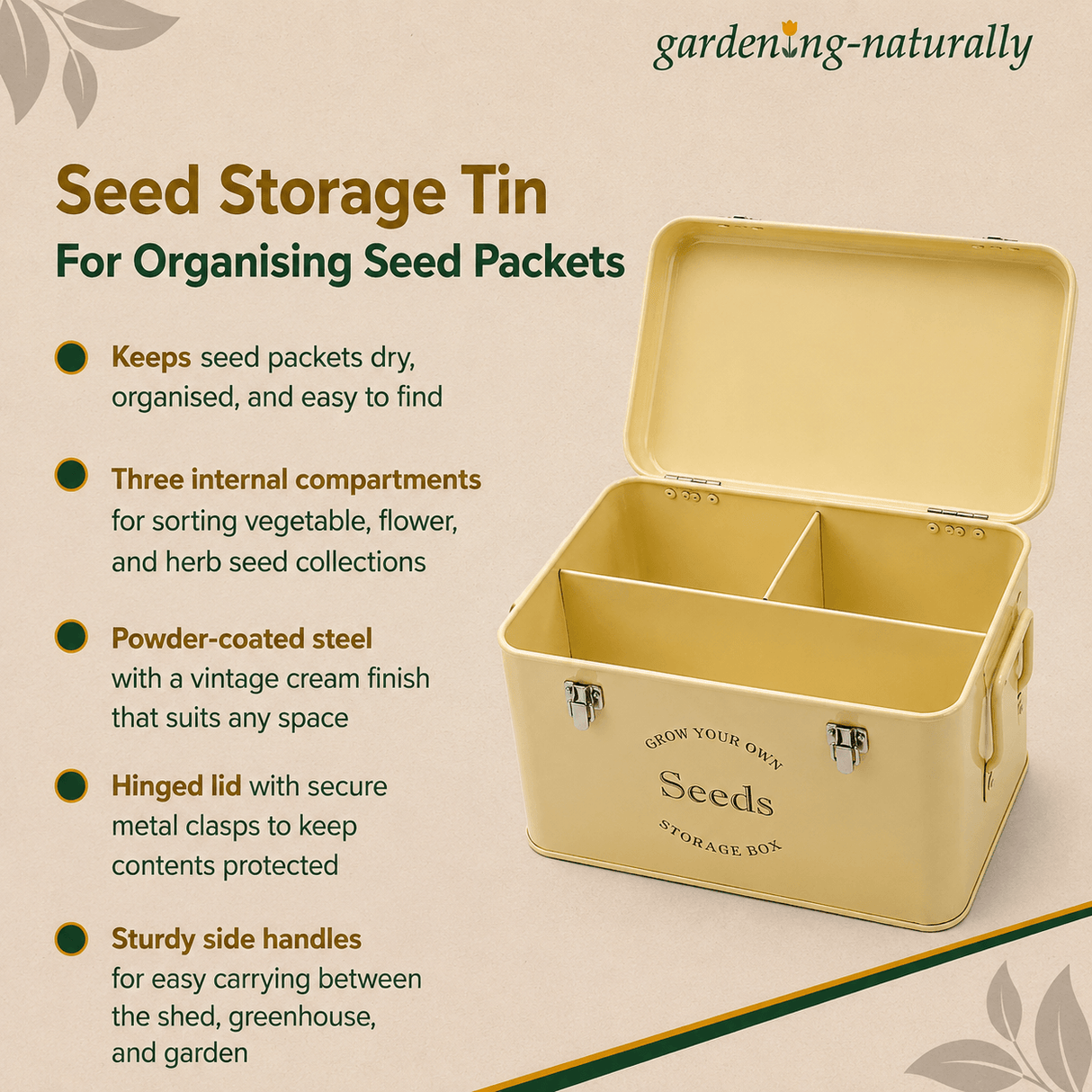 Seed storage tin with features listed on a beige background