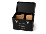 Black storage box labeled 'Grow Your Own Seeds' with wooden compartments on a white background