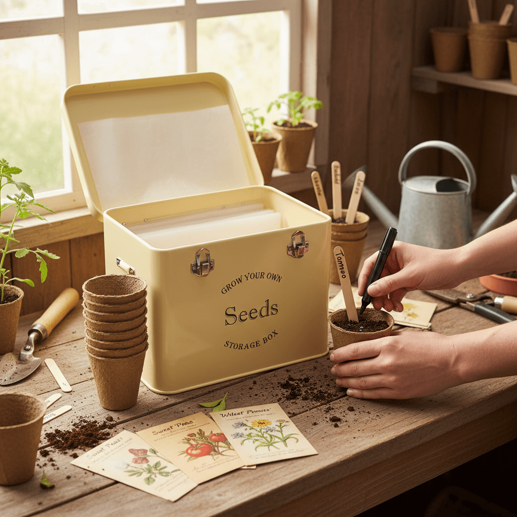 seed tin gift set in on greenhouse bench being used