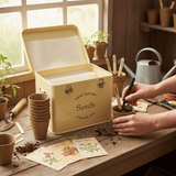 seed tin gift set in on greenhouse bench being used