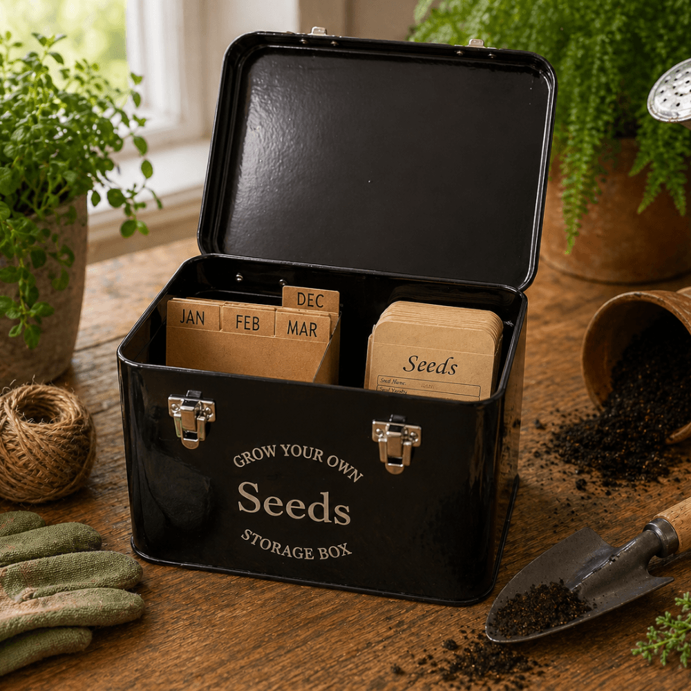 Black seeds storage box with seed packets on a wooden surface, surrounded by gardening tools and plants.