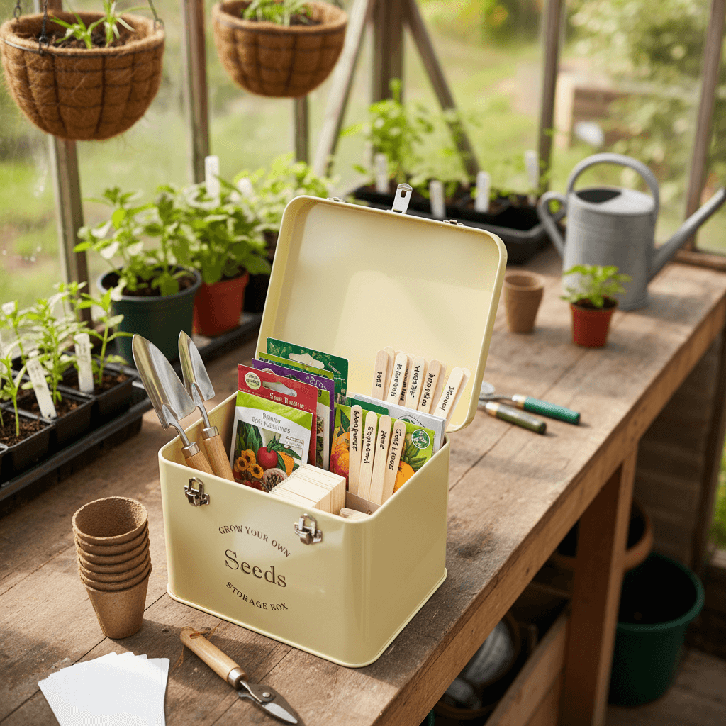 seed tin cream in greenhouse filled with gardening essentials