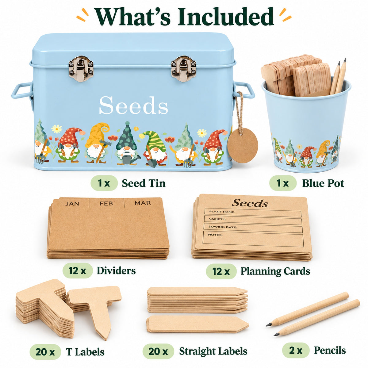 A product bundle for a garden seed starter kit, featuring a light blue metal seed tin with gnome illustrations, a matching blue pot with wooden plant markers, and various natural wood labels, dividers, and pencils. The image includes a 'What's Included' header with labels for each component.
