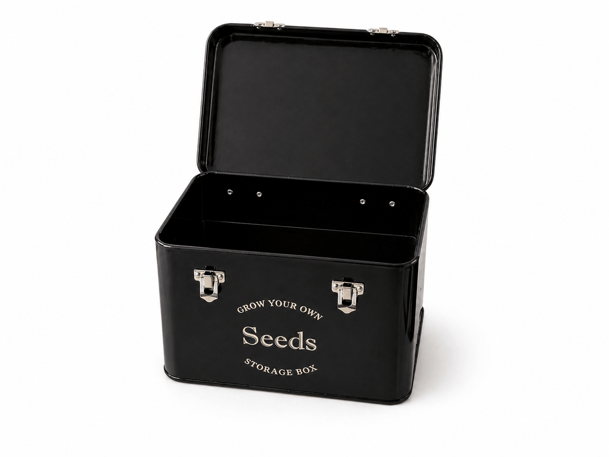 Black storage box with 'Grow Your Own Seeds' text on a white background