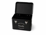 Black storage box with 'Grow Your Own Seeds' text on a white background