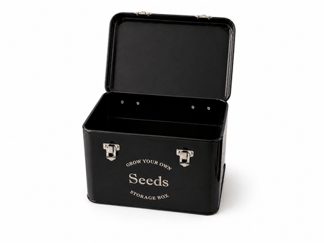 Black storage box with 'Grow Your Own Seeds' text on a white background
