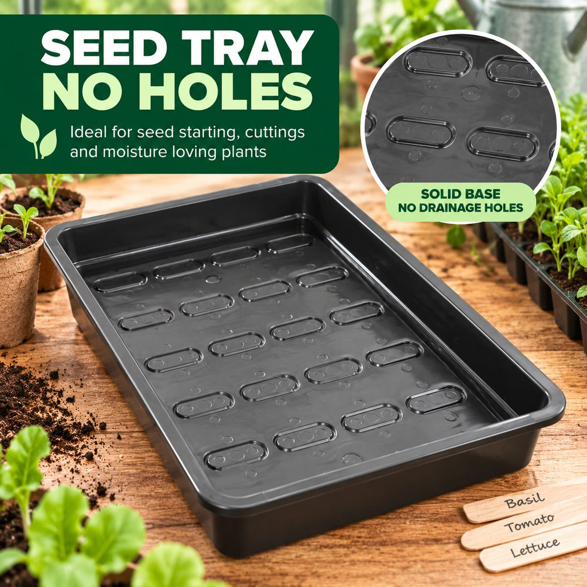 Black seed tray with solid base and no drainage holes for seeds and cuttings