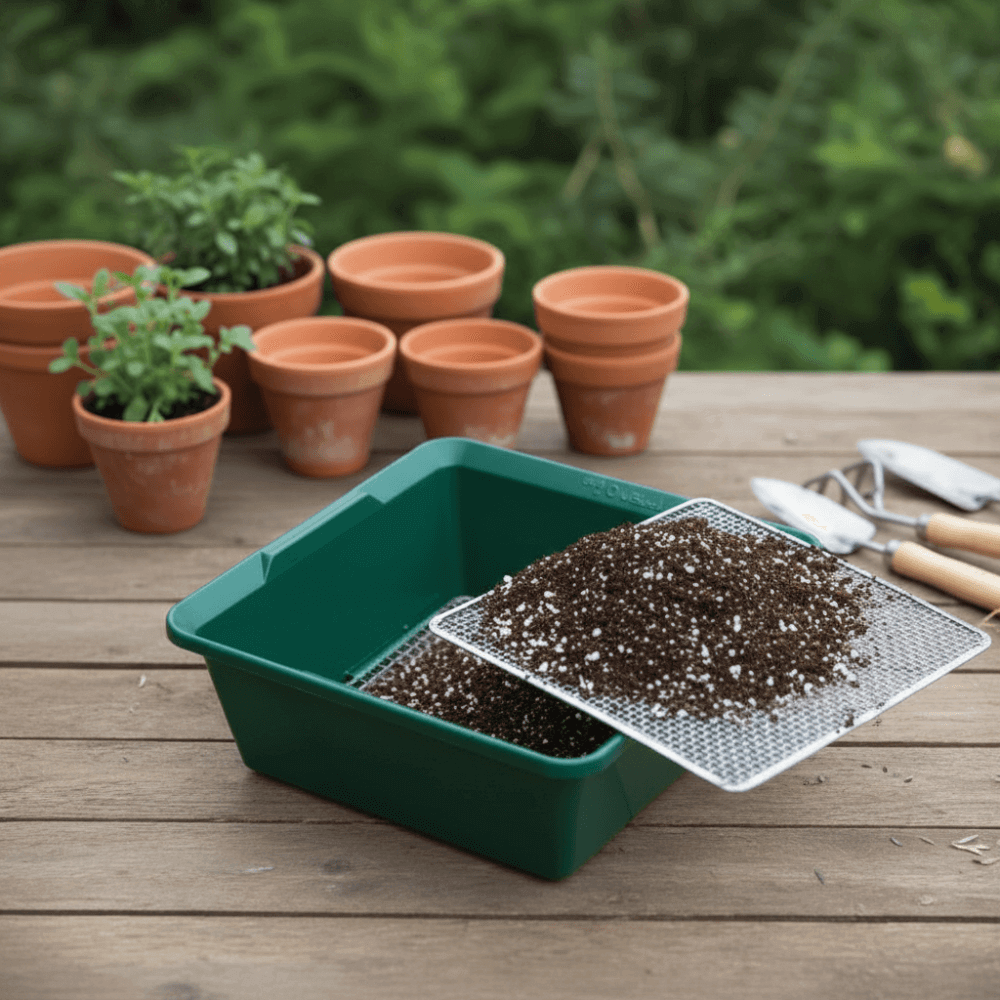green garden sieve with soil in on a garden table with small pots behind