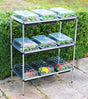 A three-tiered aluminum seed tray stand with various trays containing colorful plants, placed outdoors.